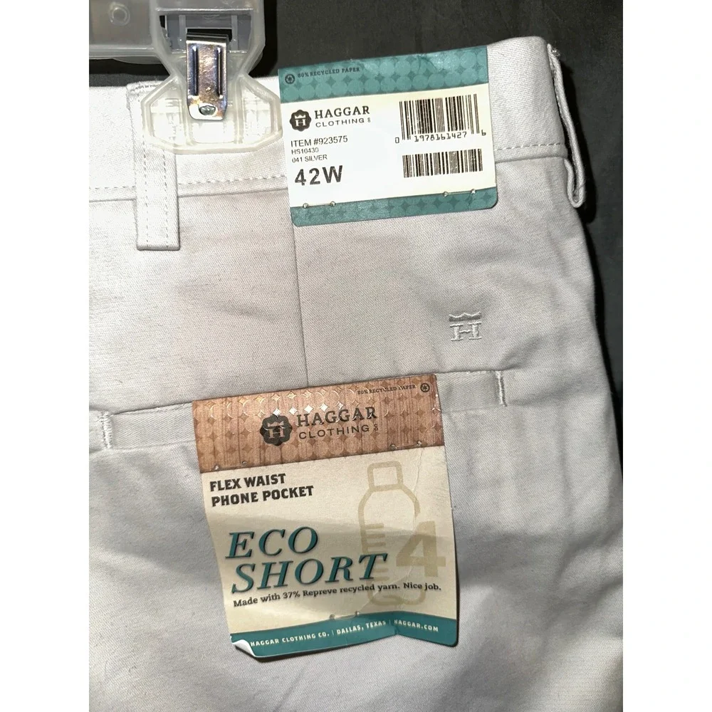 Haggar Mens 42W Flat Front Eco‎ Short Khaki Flex Waist Phone Pocket NWT
